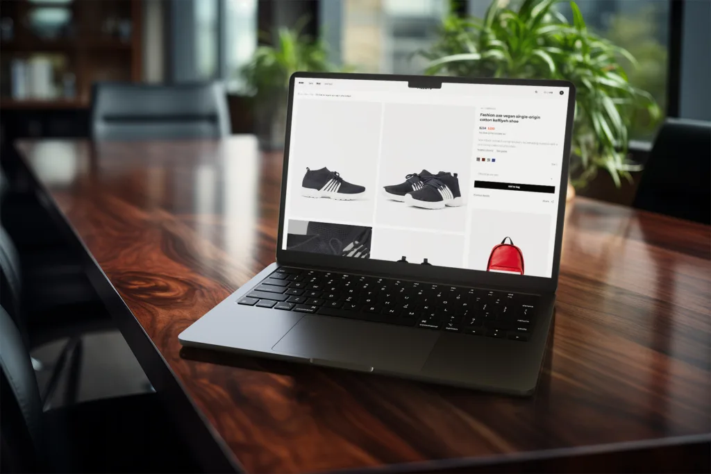 A laptop placed on a wooden table, displaying an e-commerce website. The screen shows a selection of products, including sneakers and a red bag, with details and prices visible. The setting appears to be a modern, well-lit workspace with a plant in the background, adding a touch of greenery to the scene. The focus is on the laptop screen, highlighting the online shopping experience.