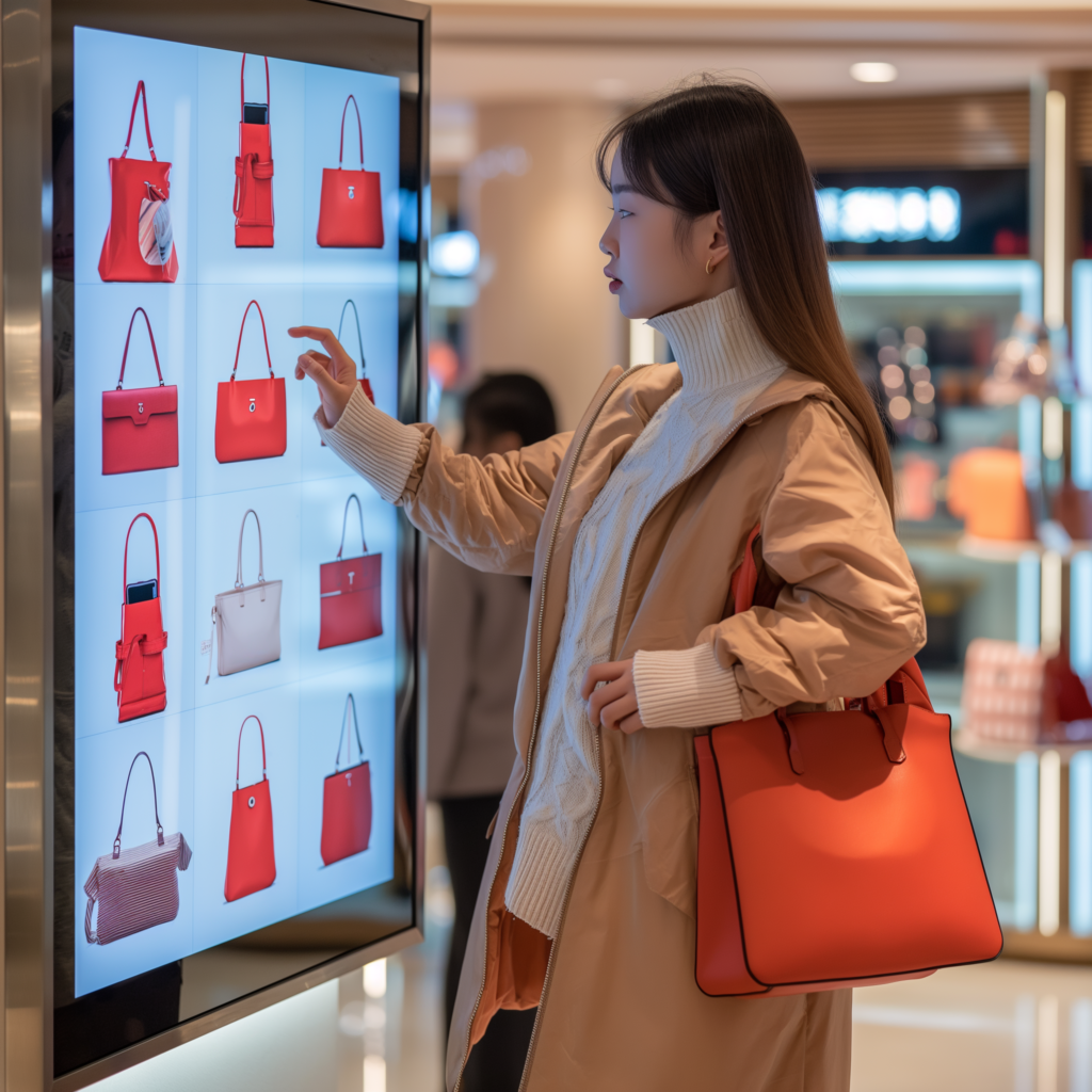 A woman interacting with a touch screen display in a store. The display shows a variety of red handbags in different styles and designs. The woman is dressed in a light-colored coat and a white turtleneck sweater, and she is holding a red handbag. The store setting is modern and well-lit, with shelves in the background showcasing various products. The image captures the woman in a moment of decision-making, highlighting the integration of technology in shopping experiences.