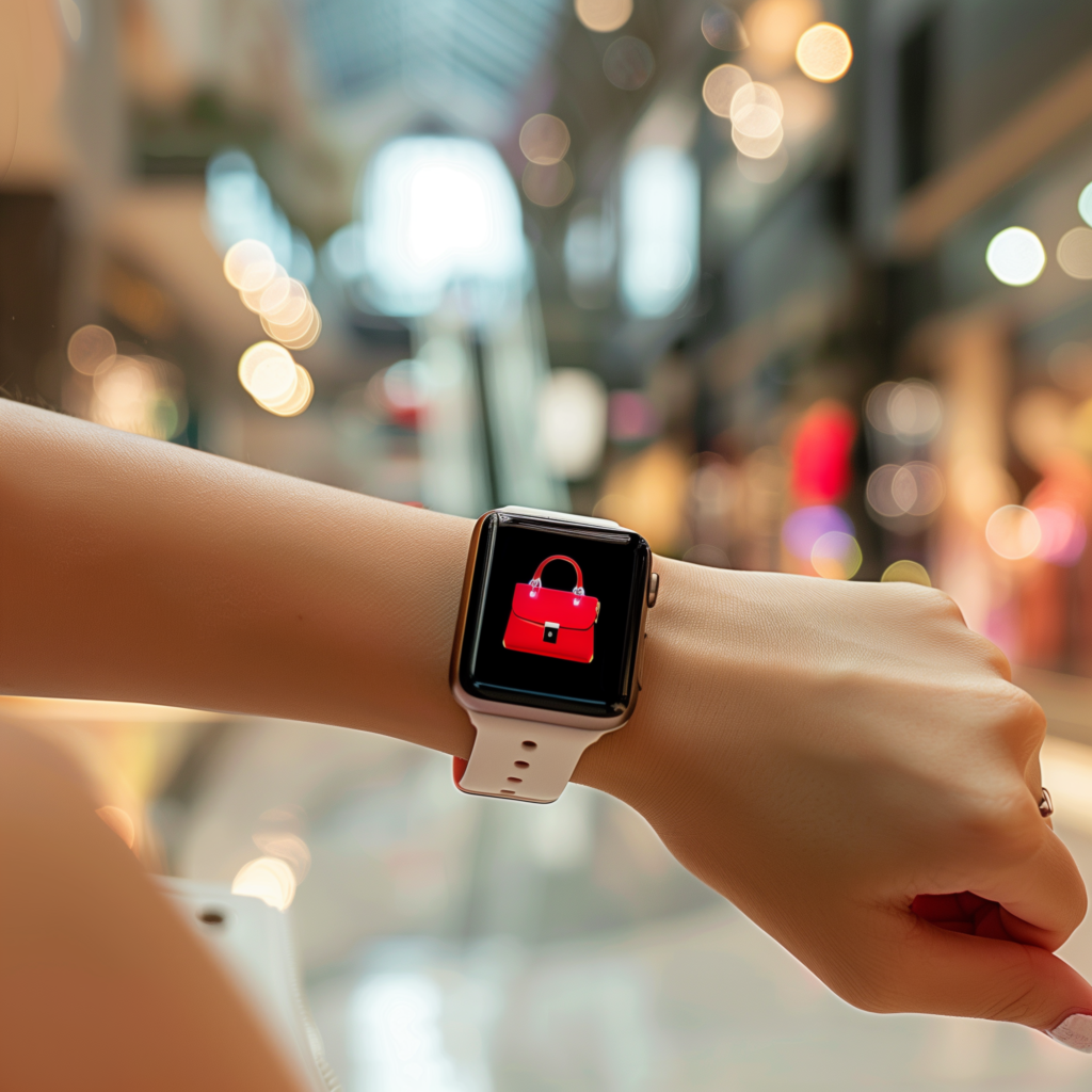 A close-up of a person's wrist wearing a smartwatch. The smartwatch screen displays an image of a red handbag, indicating an advertisement or promotional content. The background is blurred but appears to be an indoor shopping mall with bright lights and a busy atmosphere. The watchband is white, and the overall image conveys a modern and tech-savvy shopping experience.